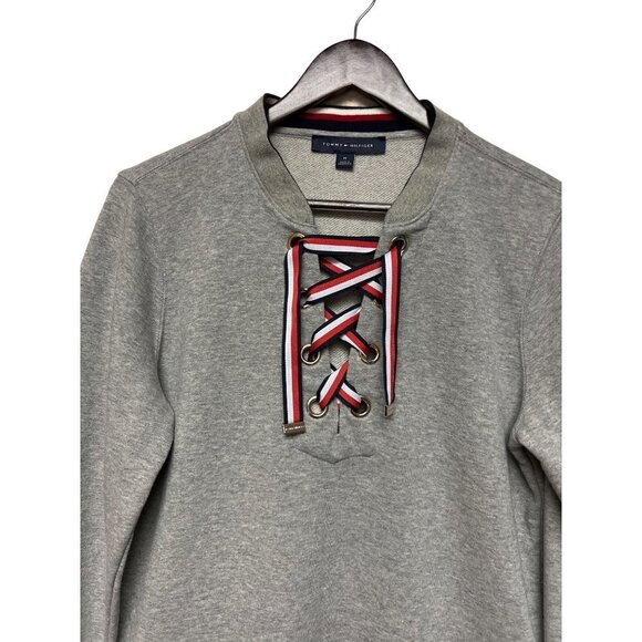 Tommy Hilfiger Grey Long Sleeve Hockey Lace Up Sweatshirt Women's Size Medium - Picture 2 of 7